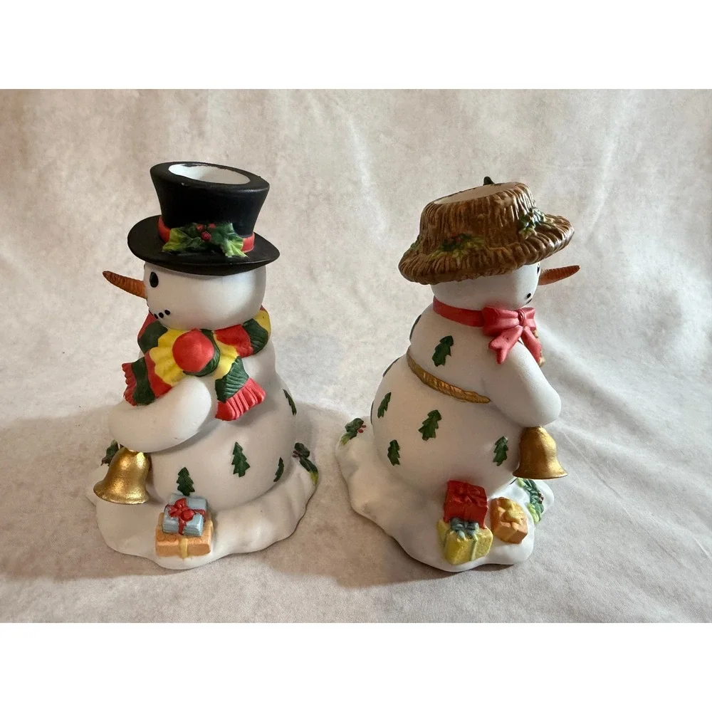 PartyLite Snowbell Snowman & Snowlady Christmas Candle Holders Ceramic Figurines